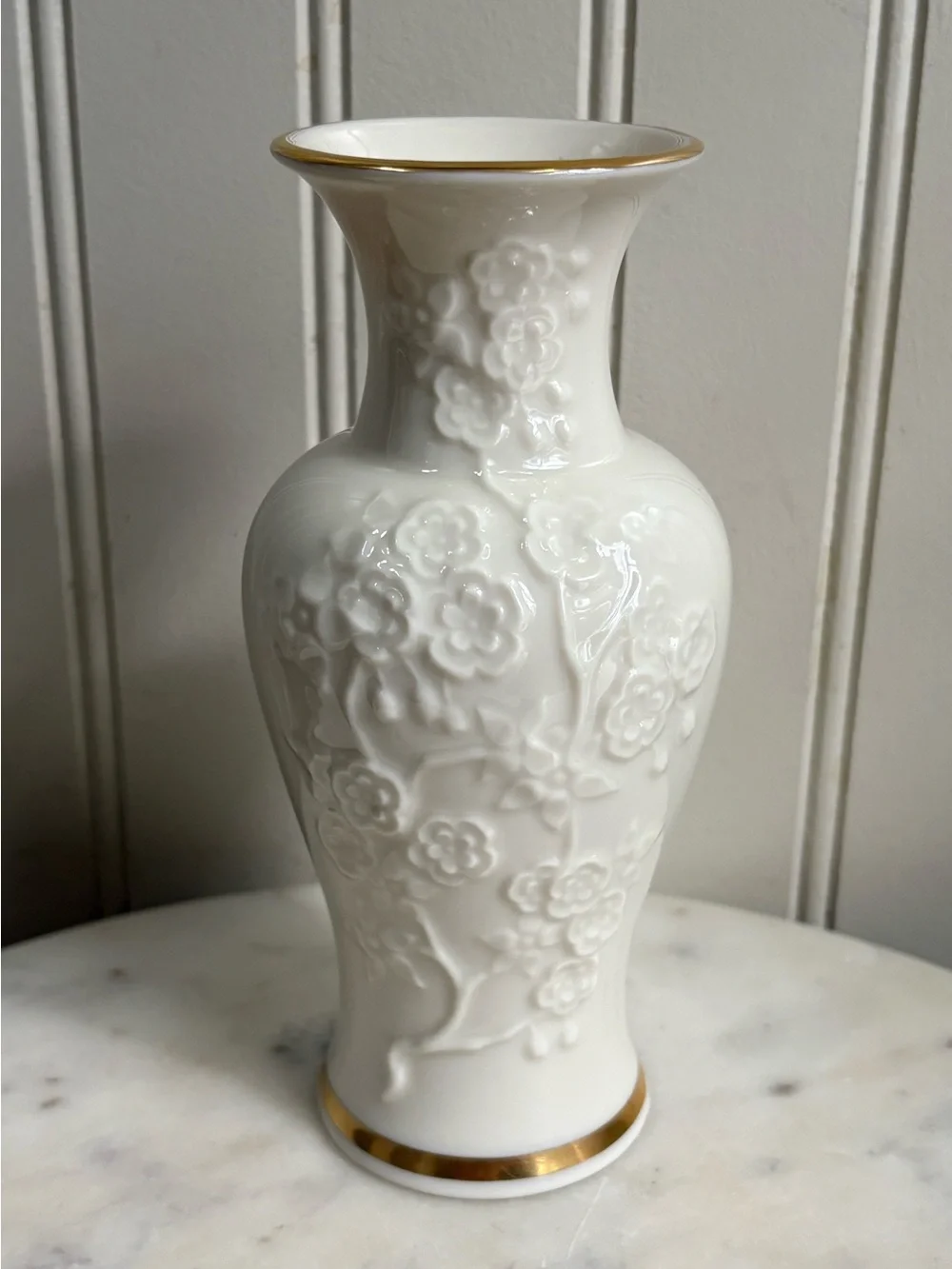 Vintage Lenox Ming Blossom Ivory Porcelain Bud Vase Embossed Floral 24k Gold VTG